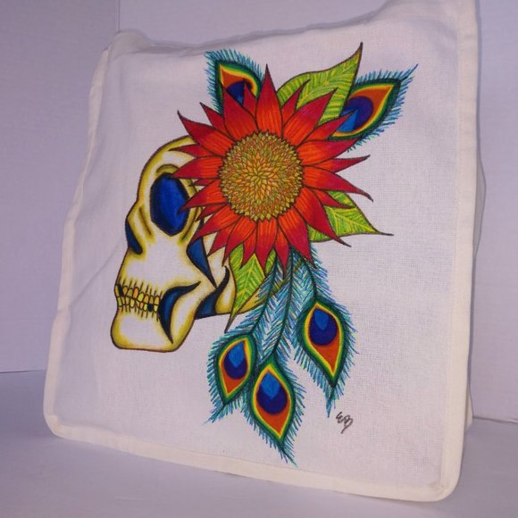 Hand-Painted Skull Tote Bag: Sunflower & Peacock Feather Art 14x13x7 - Picture 3 of 16